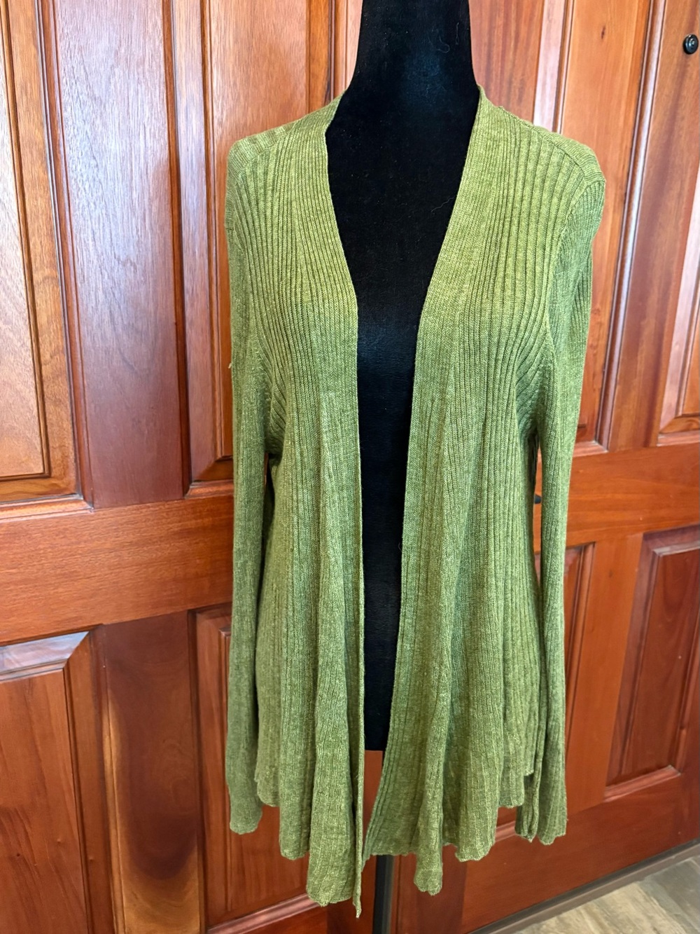 Eileen Fisher 100% Linen Open Front Waterfall Cardigan Olive Green Ribbed Sz L